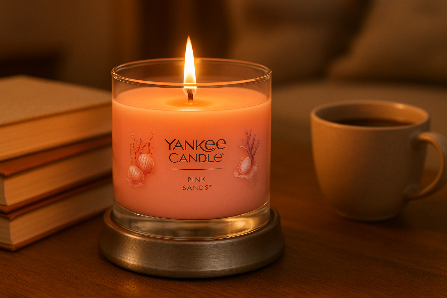 A cozy scene with the Pink Sands Yankee Candle lit on a table with books and coffee