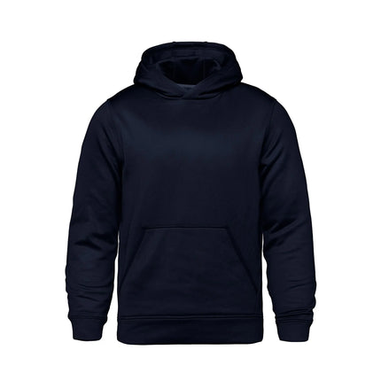 Youth performance pullover hoodie in navy blue with a front pocket and hood for activewear.
