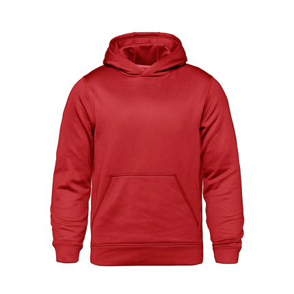 Youth performance pullover hoodie in vibrant red color, perfect for activewear collection, featuring a front pocket and hood.