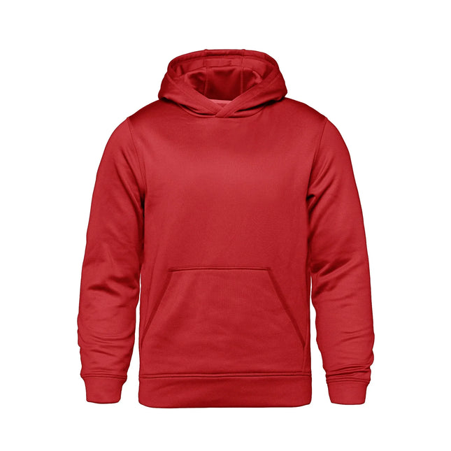 Youth performance pullover hoodie in vibrant red color, perfect for activewear collection, featuring a front pocket and hood.