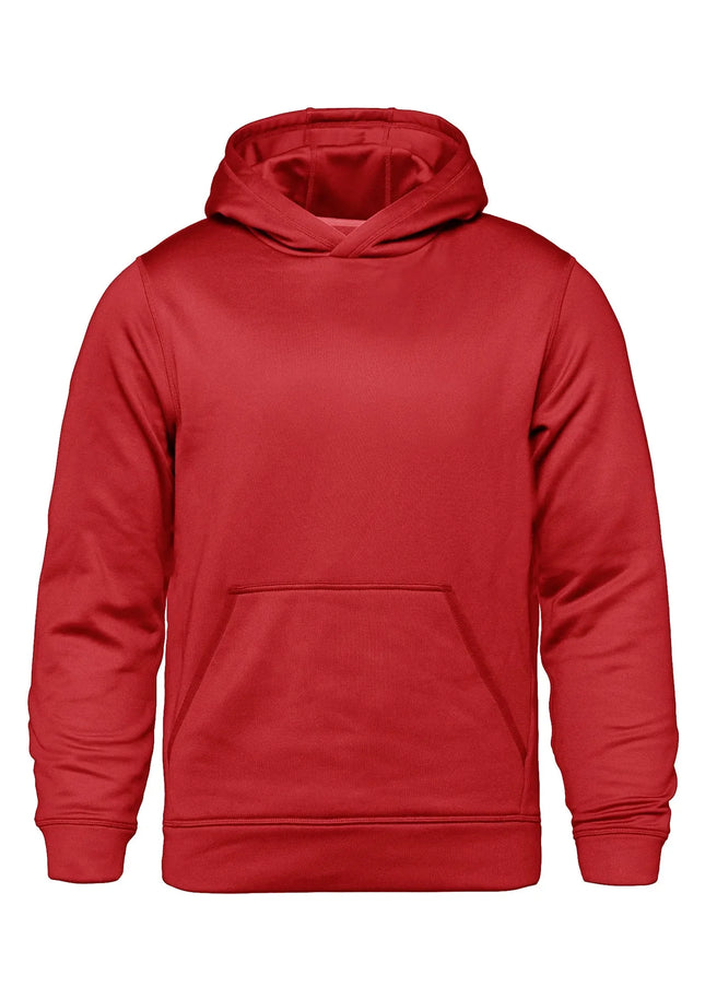 Youth performance pullover hoodie in vibrant red color, perfect for activewear collection, featuring a front pocket and hood.
