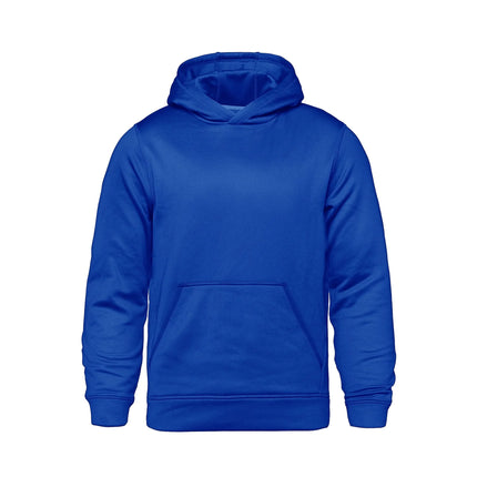 Youth performance pullover hoodie in vibrant blue color with a front pocket and hood.