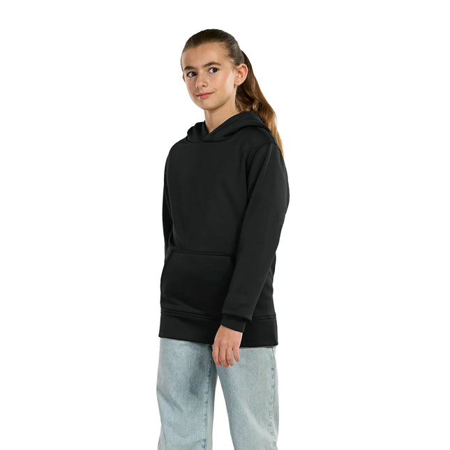 Youth performance pullover hoodie in black worn by a girl, perfect for activewear and casual outings.