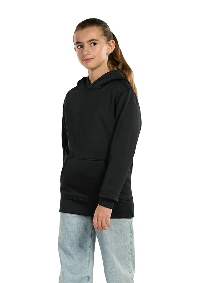 Youth performance pullover hoodie in black worn by a girl, perfect for activewear and casual outings.