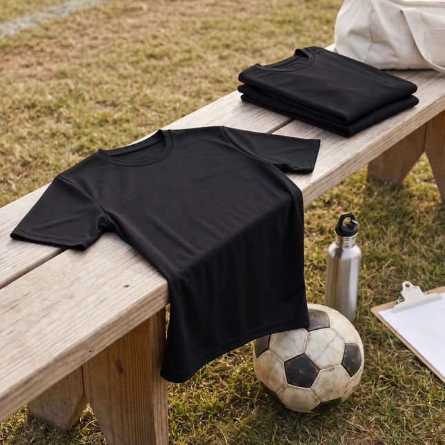 Black youth performance crewneck tees laid out on a wooden bench at an outdoor team event with a ball, water bottle and canvas gear bag