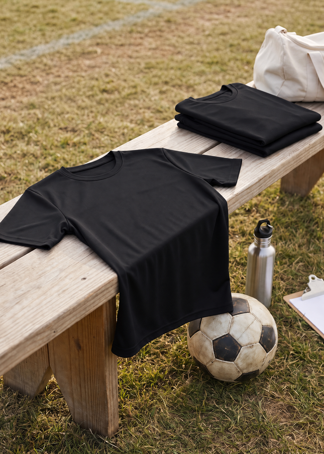 Black youth performance crewneck tees laid out on a wooden bench at an outdoor team event with a ball, water bottle and canvas gear bag