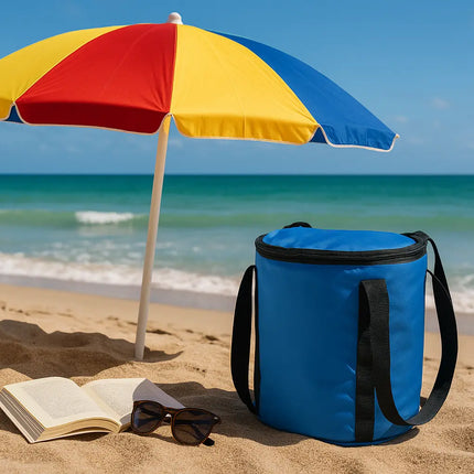 Blue bucket cooler with proper beach proportions