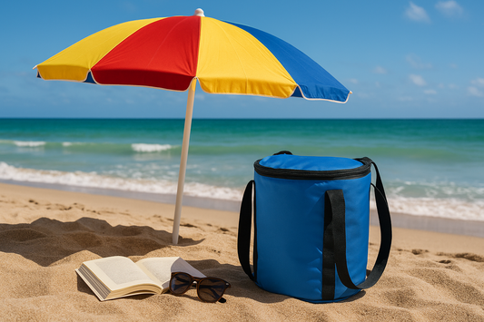 Blue bucket cooler with proper beach proportions