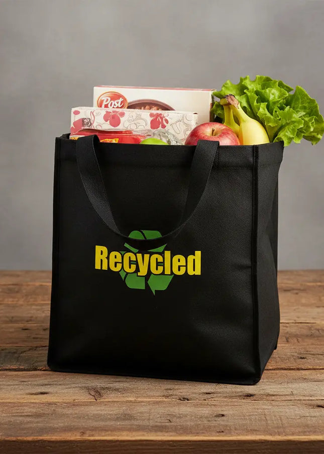 Enhanced recycled tote bag on wooden table