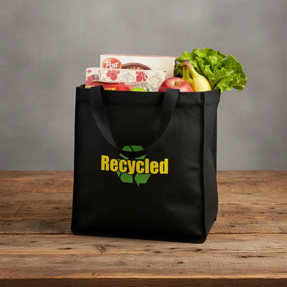 Enhanced recycled tote bag on wooden table
